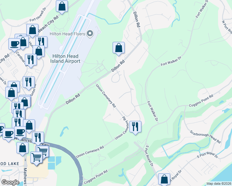 map of restaurants, bars, coffee shops, grocery stores, and more near 98 Union Cemetery Road in Hilton Head Island