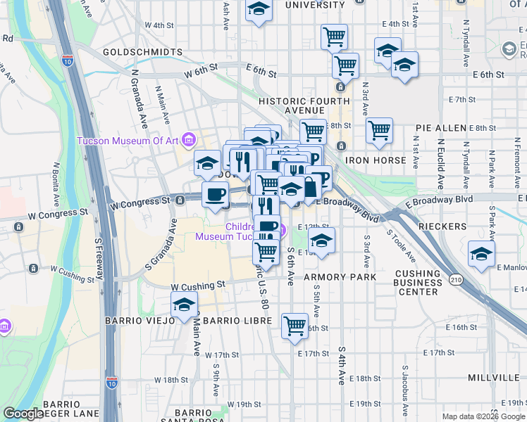 map of restaurants, bars, coffee shops, grocery stores, and more near 44 East Broadway Boulevard in Tucson