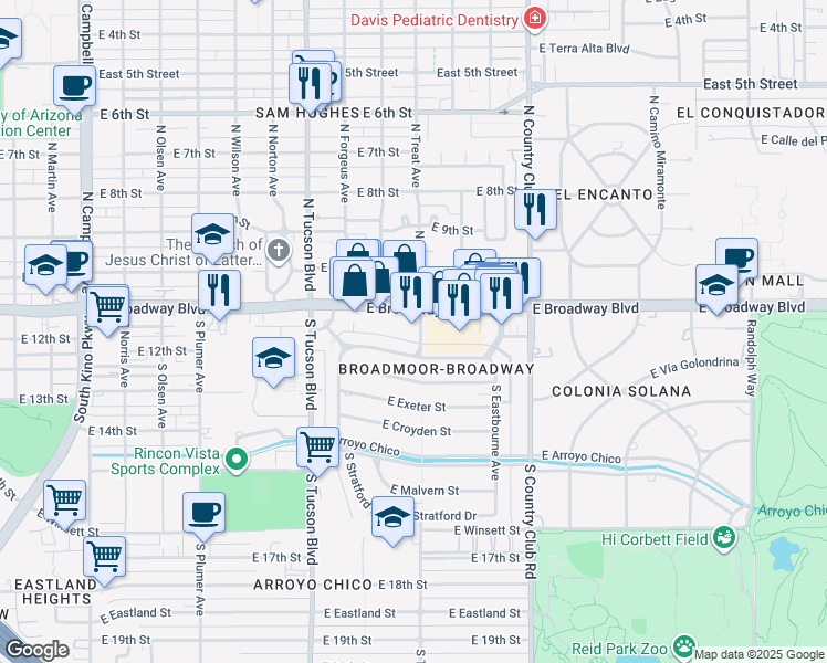 map of restaurants, bars, coffee shops, grocery stores, and more near 2744 East Broadway Boulevard in Tucson