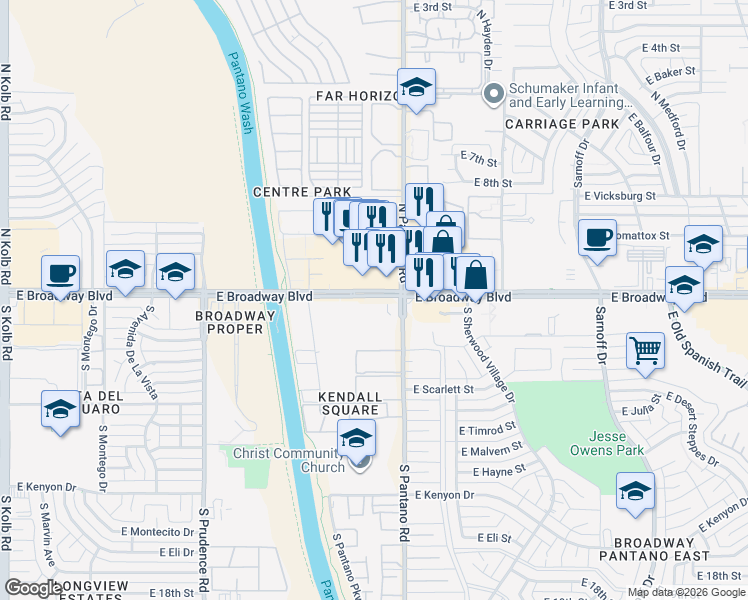 map of restaurants, bars, coffee shops, grocery stores, and more near 7840 East Broadway Boulevard in Tucson