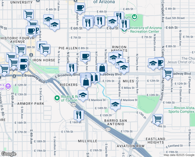 map of restaurants, bars, coffee shops, grocery stores, and more near 1099 East Broadway Boulevard in Tucson