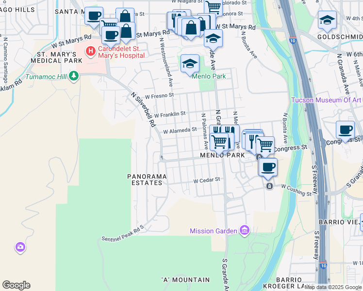 map of restaurants, bars, coffee shops, grocery stores, and more near 71 North Westmoreland Avenue in Tucson