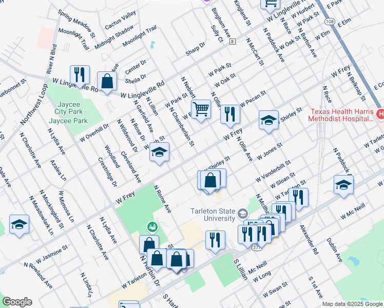 map of restaurants, bars, coffee shops, grocery stores, and more near 961 North Chamberlain Street in Stephenville