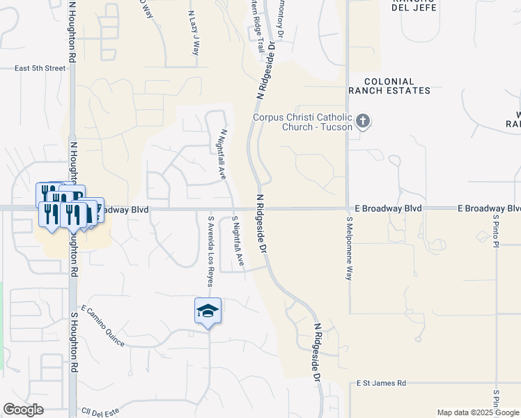 map of restaurants, bars, coffee shops, grocery stores, and more near E Broadway Blvd & N Ridgeside Dr in Tucson