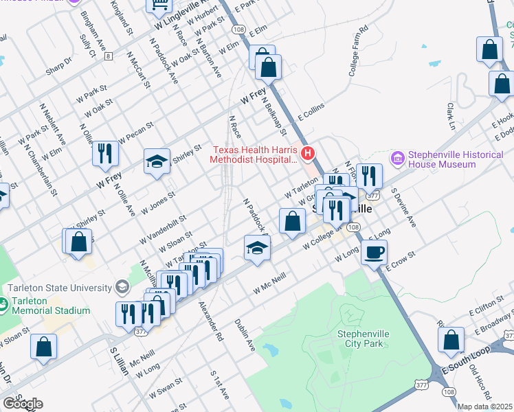 map of restaurants, bars, coffee shops, grocery stores, and more near 501 North Paddock Avenue in Stephenville