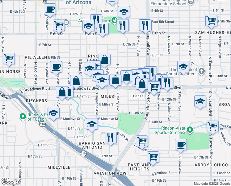 map of restaurants, bars, coffee shops, grocery stores, and more near 1533 East 12th Street in Tucson