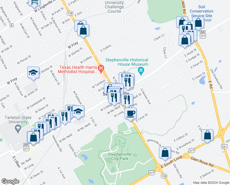 map of restaurants, bars, coffee shops, grocery stores, and more near 140 North Graham Street in Stephenville