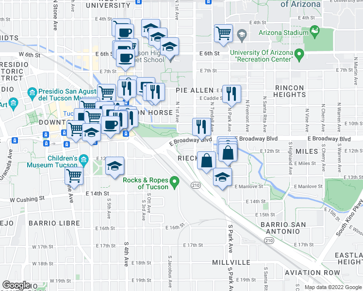 map of restaurants, bars, coffee shops, grocery stores, and more near 703 East Broadway Boulevard in Tucson