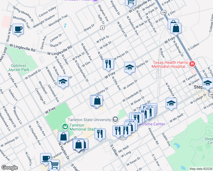 map of restaurants, bars, coffee shops, grocery stores, and more near 1150 West Frey in Stephenville
