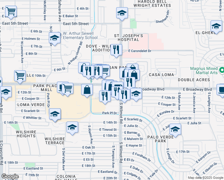 map of restaurants, bars, coffee shops, grocery stores, and more near 6245 East Broadway Boulevard in Tucson