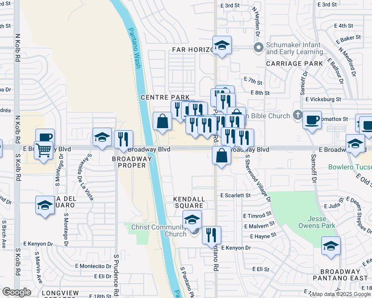 map of restaurants, bars, coffee shops, grocery stores, and more near 7750 East Broadway Boulevard in Tucson