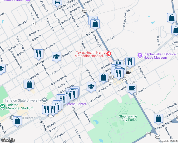 map of restaurants, bars, coffee shops, grocery stores, and more near 501 North Paddock Avenue in Stephenville