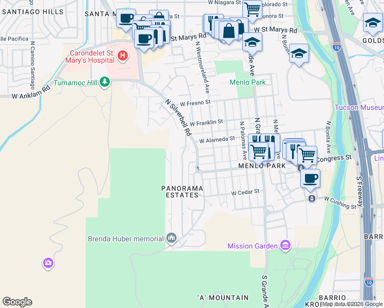 map of restaurants, bars, coffee shops, grocery stores, and more near 90 North Silverbell Road in Tucson