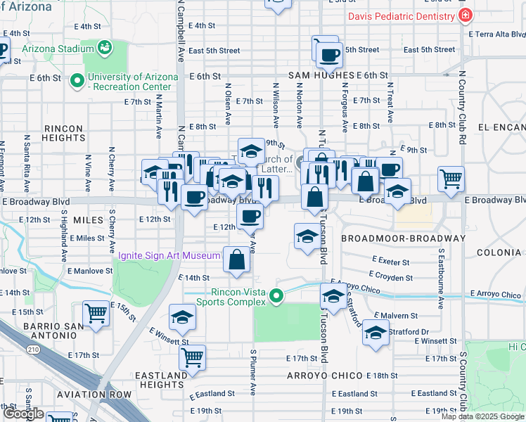 map of restaurants, bars, coffee shops, grocery stores, and more near 2235 E Broadway Blvd in Tucson
