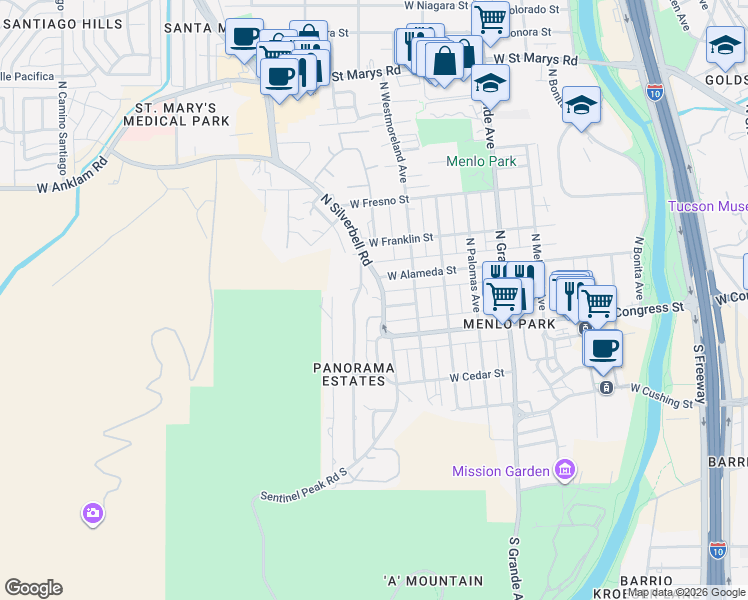 map of restaurants, bars, coffee shops, grocery stores, and more near 37 North Silverbell Road in Tucson