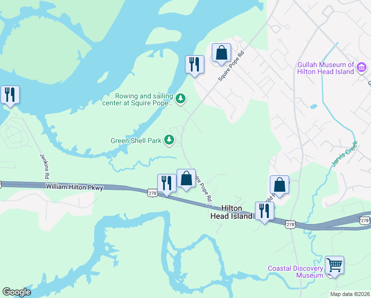 map of restaurants, bars, coffee shops, grocery stores, and more near 5 Squire Pope Road in Hilton Head Island