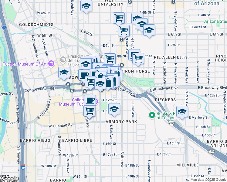 map of restaurants, bars, coffee shops, grocery stores, and more near in Tucson