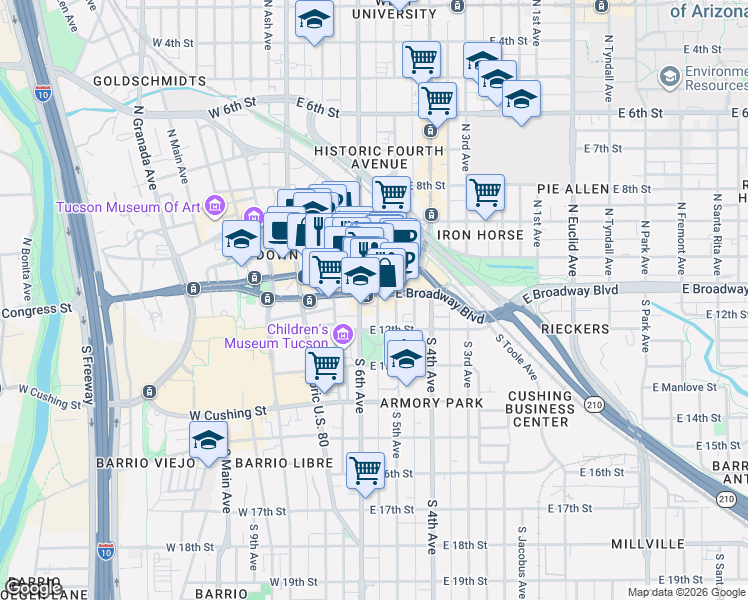 map of restaurants, bars, coffee shops, grocery stores, and more near 124 East Broadway Boulevard in Tucson
