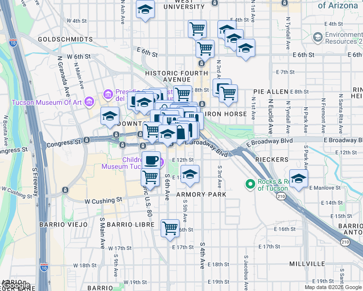 map of restaurants, bars, coffee shops, grocery stores, and more near 182 East Broadway Boulevard in Tucson