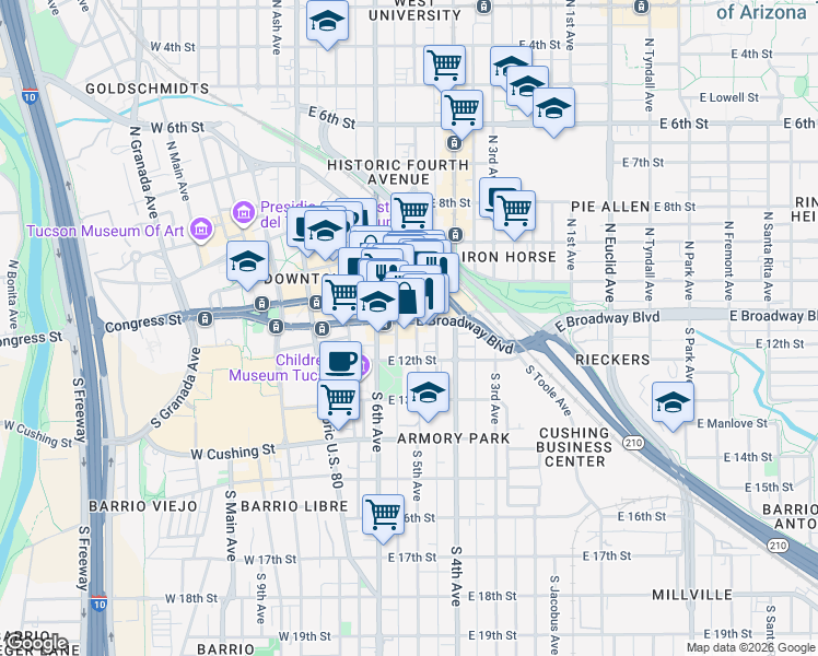 map of restaurants, bars, coffee shops, grocery stores, and more near 182 East Broadway Boulevard in Tucson