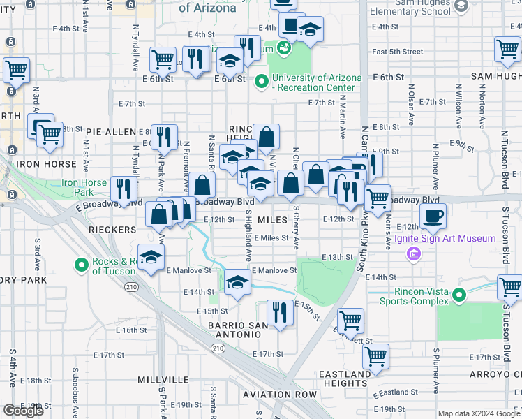 map of restaurants, bars, coffee shops, grocery stores, and more near 1400 East Broadway Boulevard in Tucson