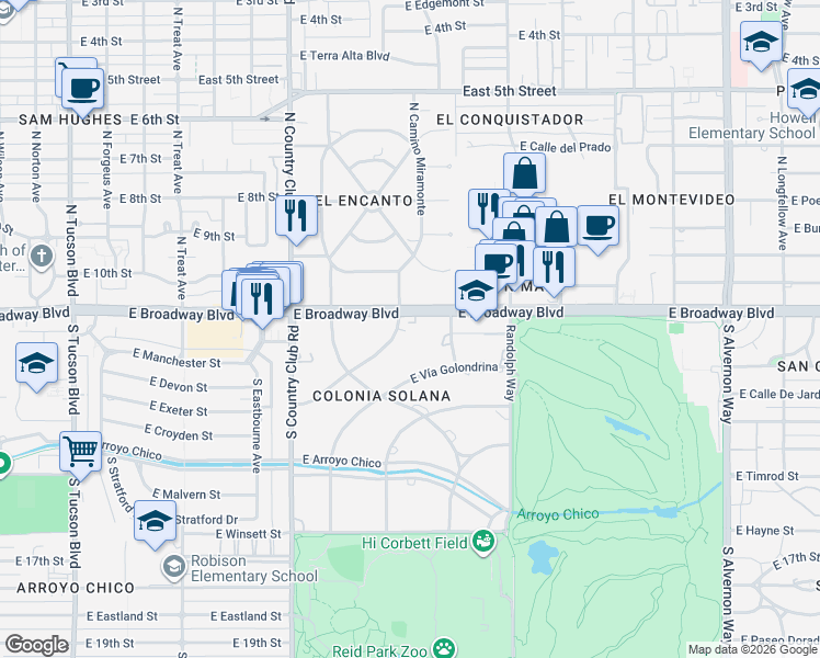 map of restaurants, bars, coffee shops, grocery stores, and more near 70 South Placita Colonia Solana in Tucson