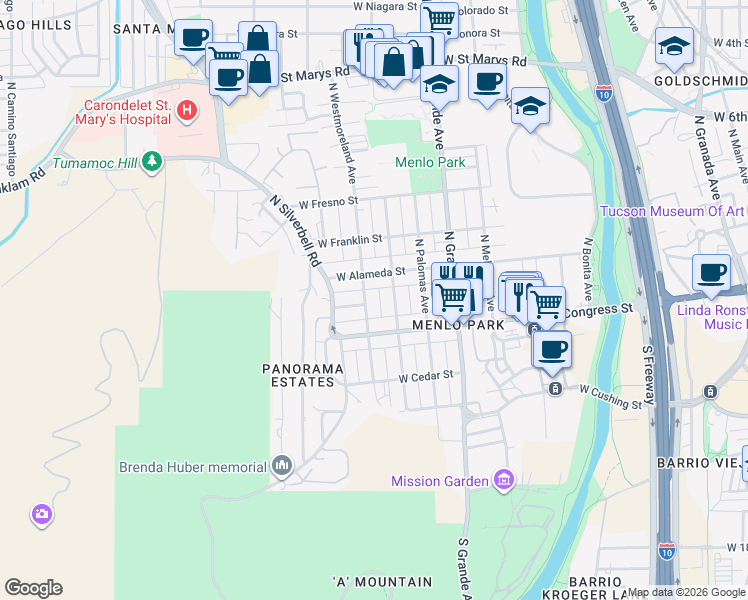 map of restaurants, bars, coffee shops, grocery stores, and more near 71 North Westmoreland Avenue in Tucson