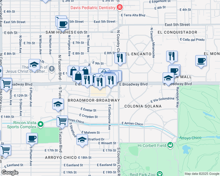 map of restaurants, bars, coffee shops, grocery stores, and more near 2936 East Broadway Boulevard in Tucson