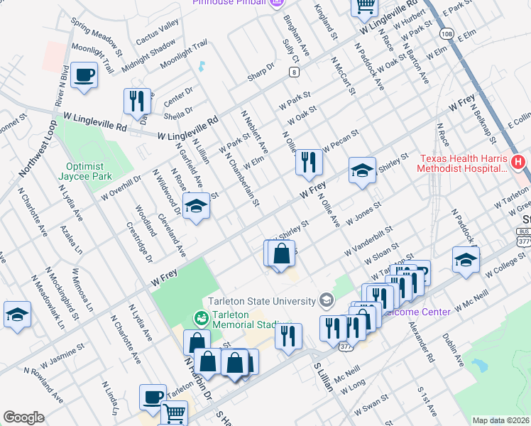 map of restaurants, bars, coffee shops, grocery stores, and more near 961 North Chamberlain Street in Stephenville