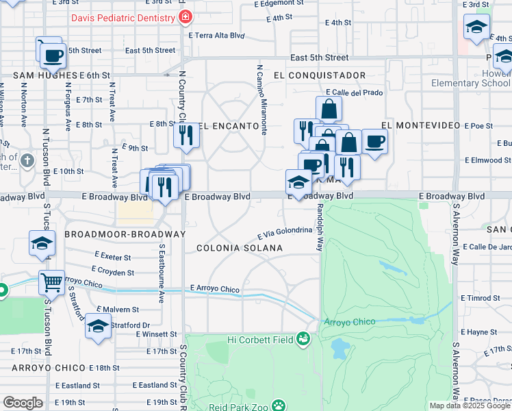 map of restaurants, bars, coffee shops, grocery stores, and more near 70 South Placita Colonia Solana in Tucson