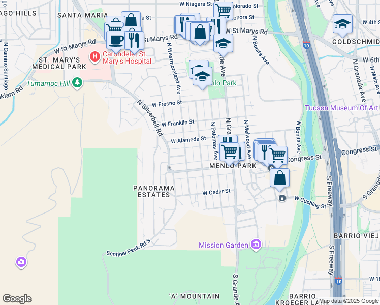 map of restaurants, bars, coffee shops, grocery stores, and more near 71 North Westmoreland Avenue in Tucson