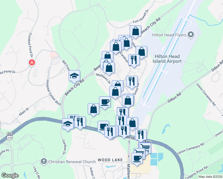 map of restaurants, bars, coffee shops, grocery stores, and more near 2 Cardinal Road in Hilton Head Island