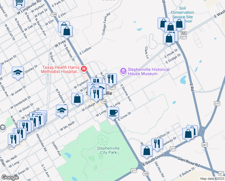 map of restaurants, bars, coffee shops, grocery stores, and more near 306 East Washington Street in Stephenville