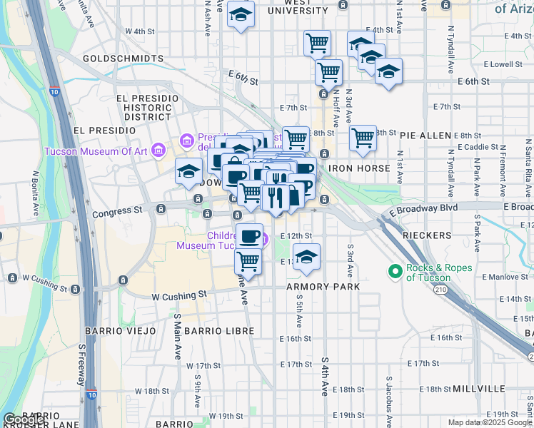 map of restaurants, bars, coffee shops, grocery stores, and more near 88 East Broadway Boulevard in Tucson