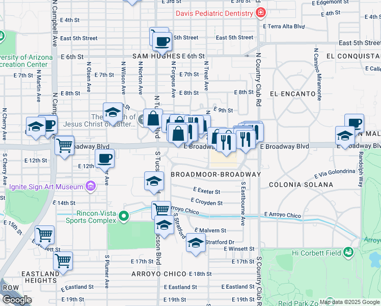 map of restaurants, bars, coffee shops, grocery stores, and more near 2640 East Broadway Boulevard in Tucson
