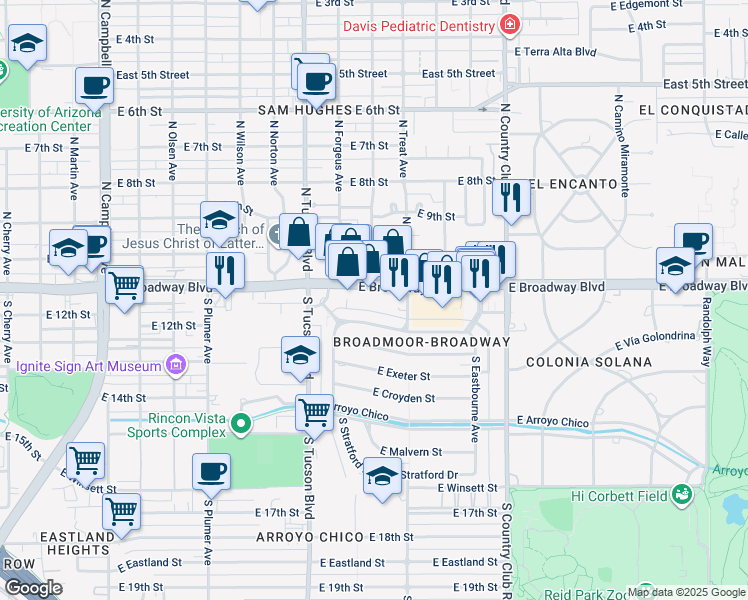 map of restaurants, bars, coffee shops, grocery stores, and more near 2640 East Broadway Boulevard in Tucson