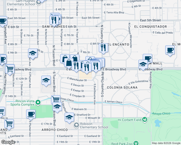 map of restaurants, bars, coffee shops, grocery stores, and more near 2916 East Broadway Boulevard in Tucson