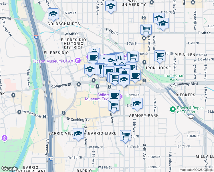 map of restaurants, bars, coffee shops, grocery stores, and more near 1 East Broadway Boulevard in Tucson