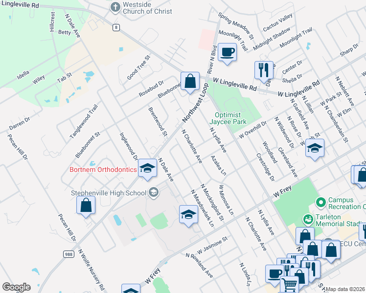 map of restaurants, bars, coffee shops, grocery stores, and more near 1221 North Mockingbird Street in Stephenville