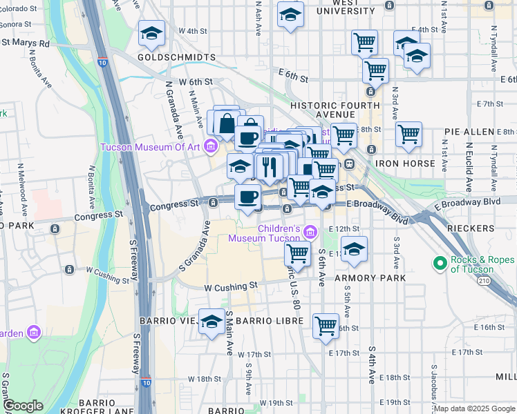 map of restaurants, bars, coffee shops, grocery stores, and more near 149 W Congress St in Tucson
