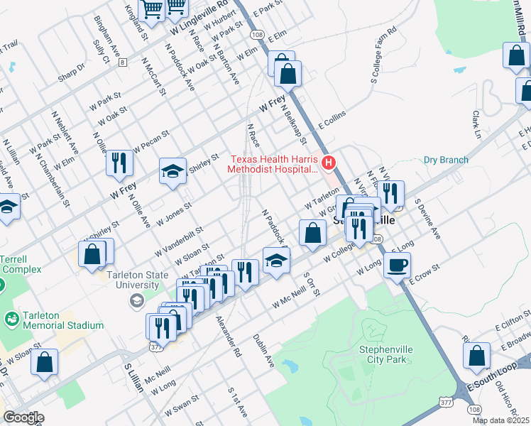 map of restaurants, bars, coffee shops, grocery stores, and more near 530 North Paddock Avenue in Stephenville