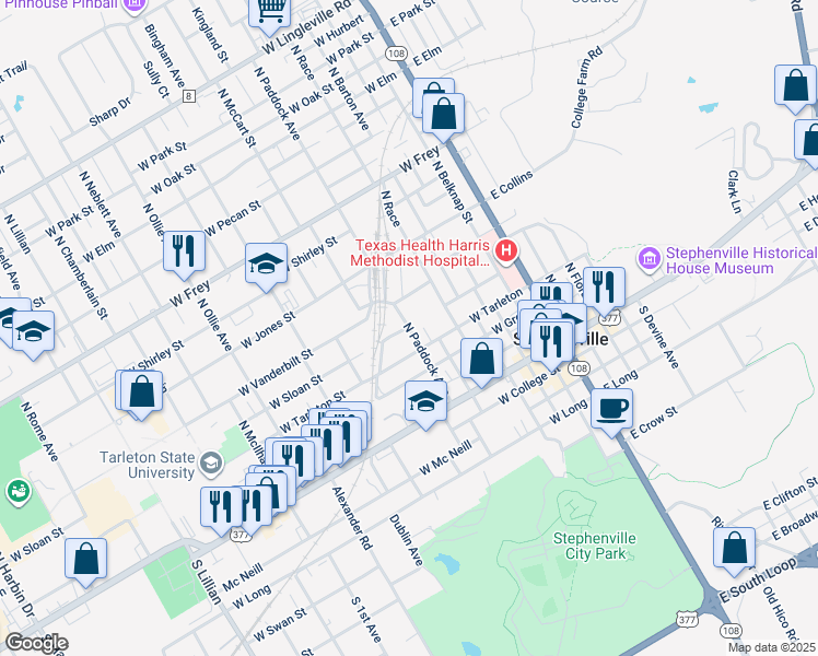 map of restaurants, bars, coffee shops, grocery stores, and more near 530 North Paddock Avenue in Stephenville