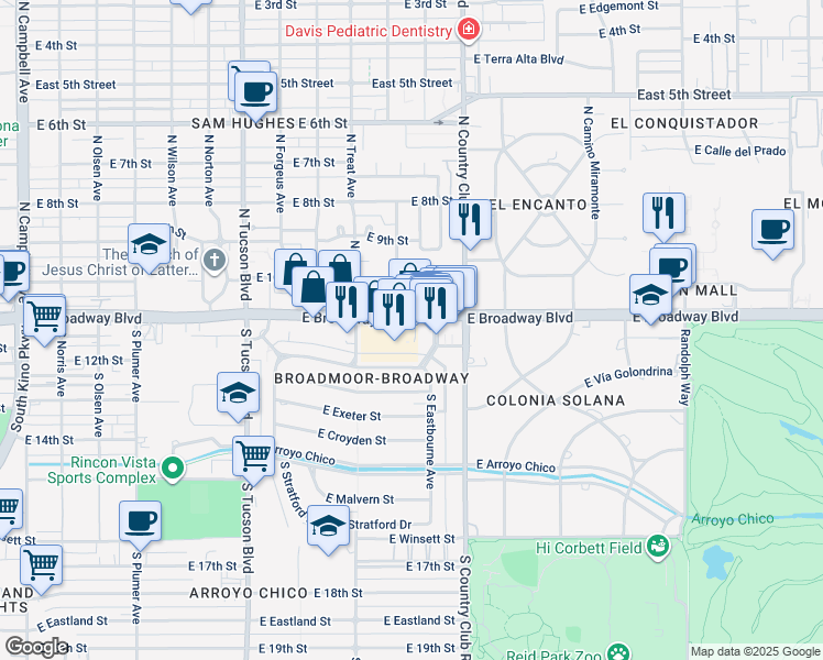map of restaurants, bars, coffee shops, grocery stores, and more near 2936 East Broadway Boulevard in Tucson