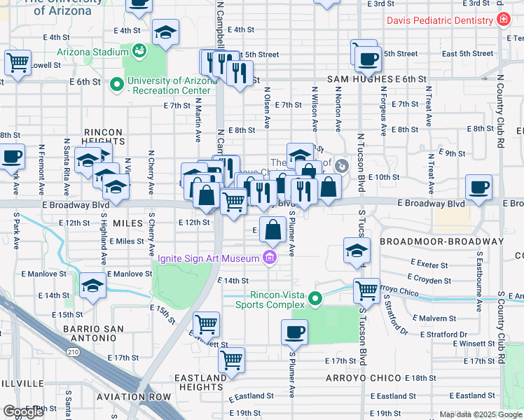 map of restaurants, bars, coffee shops, grocery stores, and more near 2021 East Broadway Boulevard in Tucson