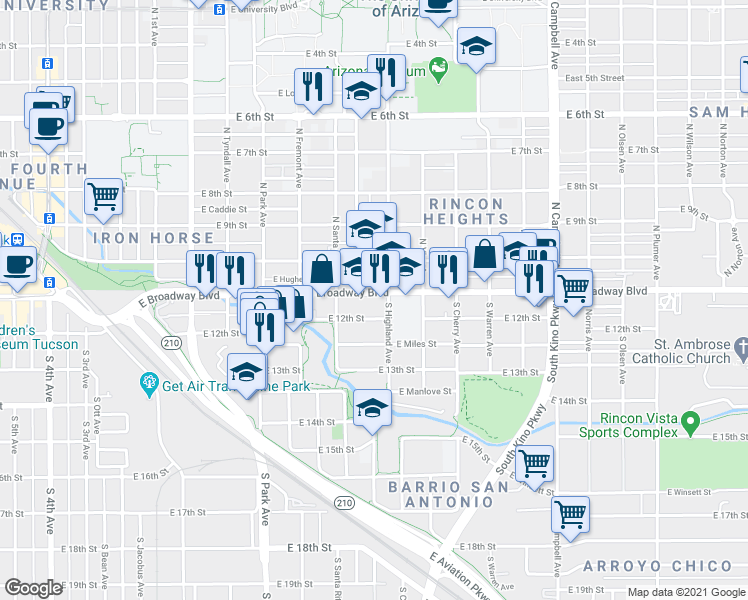 map of restaurants, bars, coffee shops, grocery stores, and more near 1301 East Broadway Boulevard in Tucson