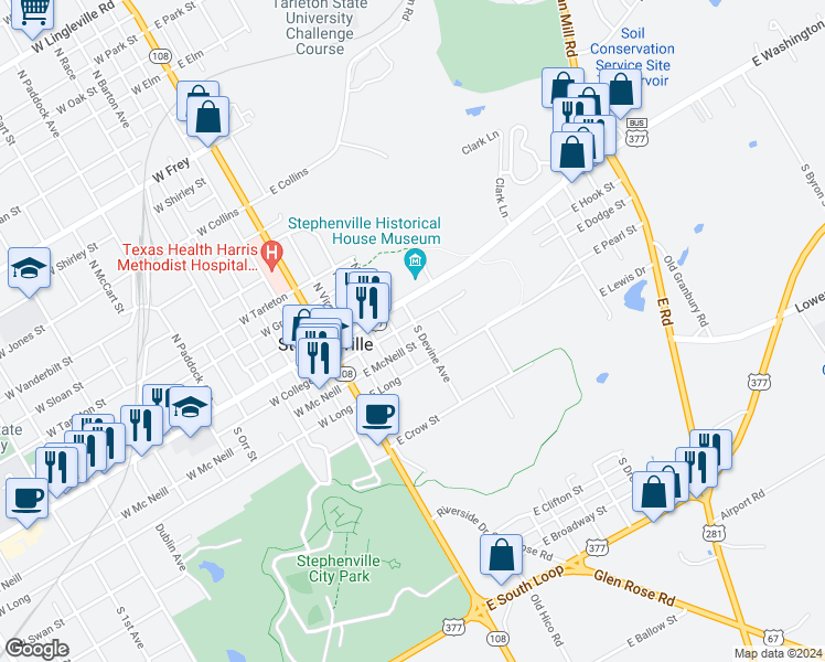 map of restaurants, bars, coffee shops, grocery stores, and more near 479 East College Street in Stephenville