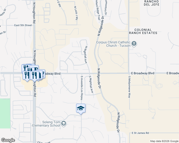 map of restaurants, bars, coffee shops, grocery stores, and more near 10745 E Migratory Pl in Tucson
