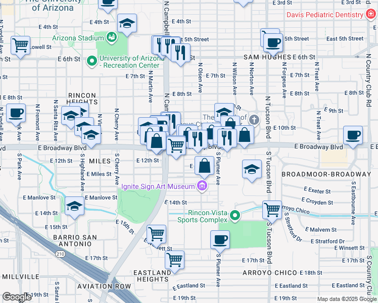map of restaurants, bars, coffee shops, grocery stores, and more near 2021 East Broadway Boulevard in Tucson