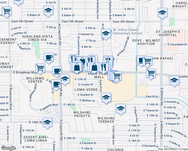 map of restaurants, bars, coffee shops, grocery stores, and more near 5760 East Broadway Boulevard in Tucson
