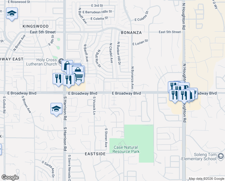 map of restaurants, bars, coffee shops, grocery stores, and more near 52 North Shadow Creek Place in Tucson